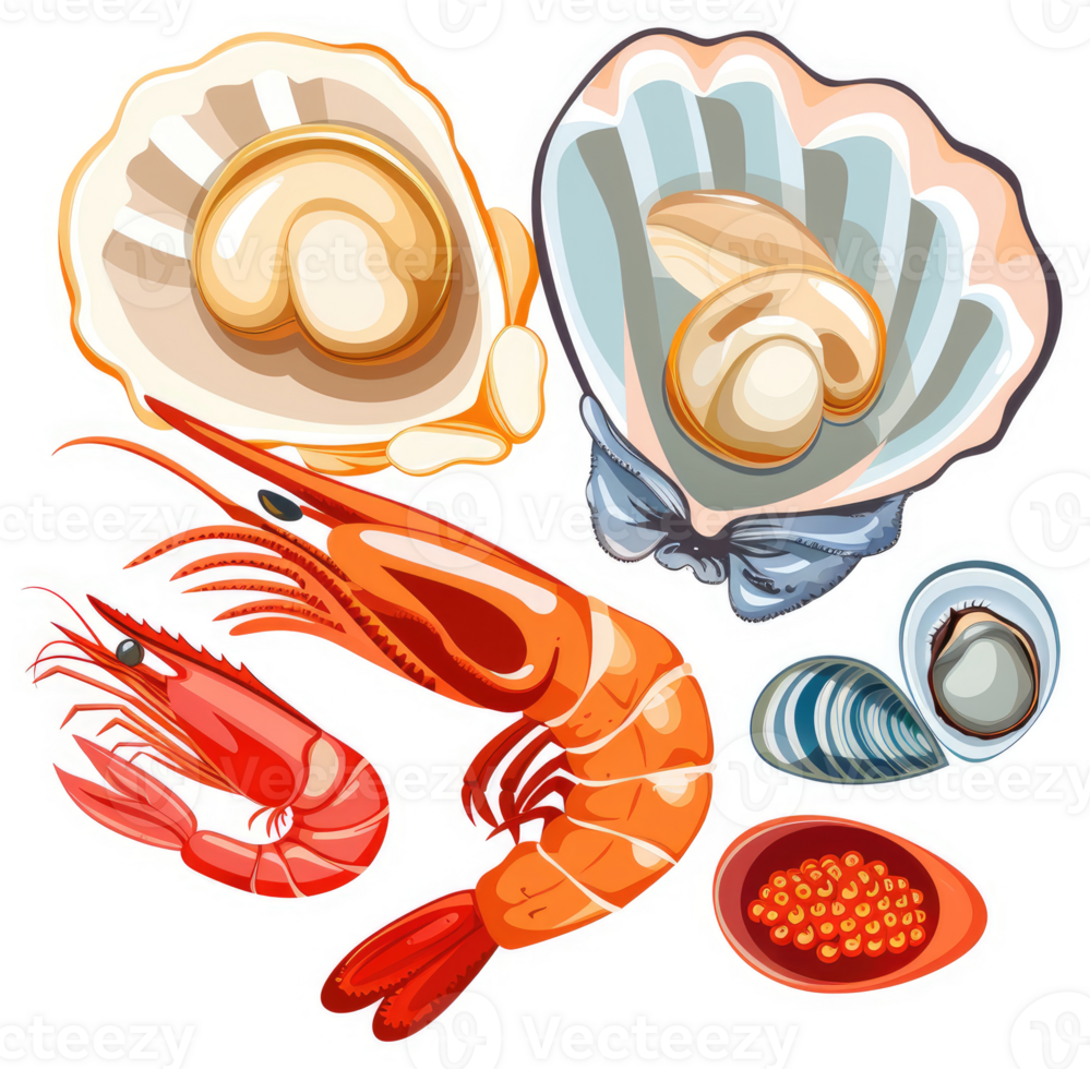 A colorful illustration of various seafood delicacies. png