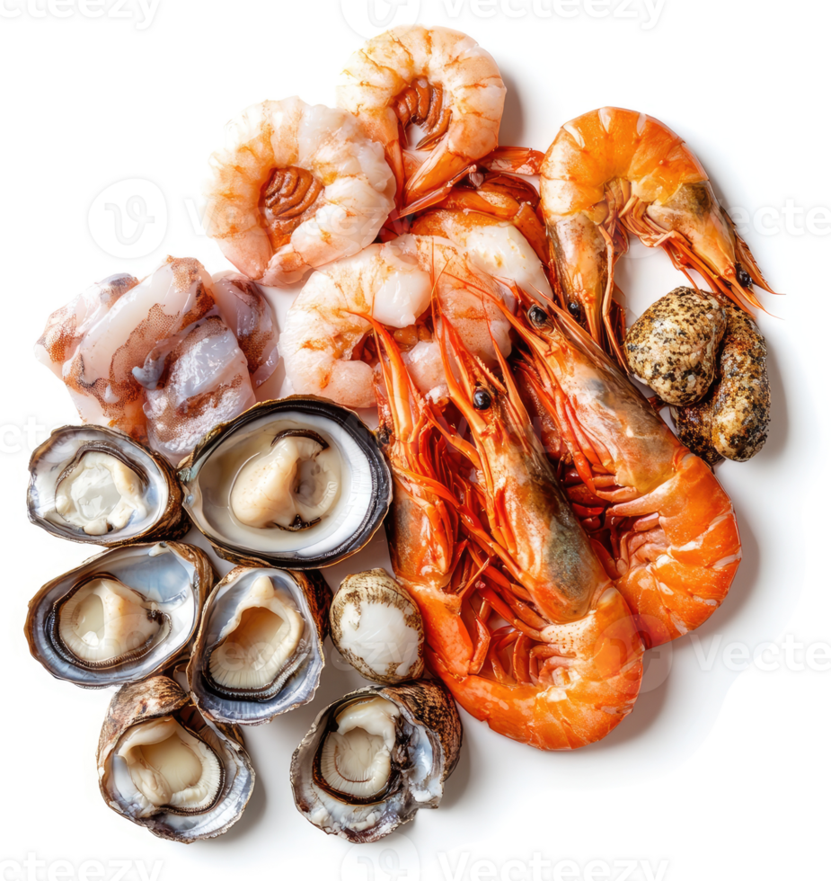 Assorted fresh seafood, including prawns, shellfish, and squid. png