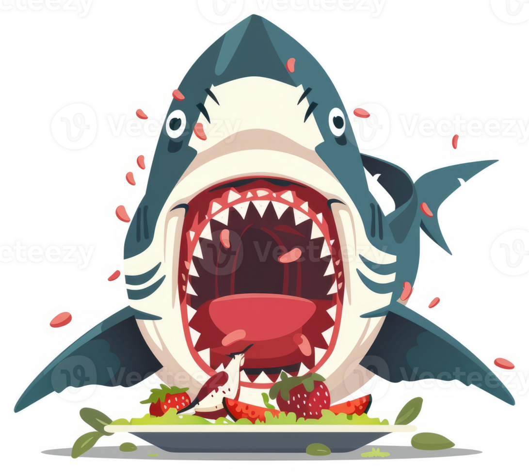 A hungry shark devouring a plate of salad. png