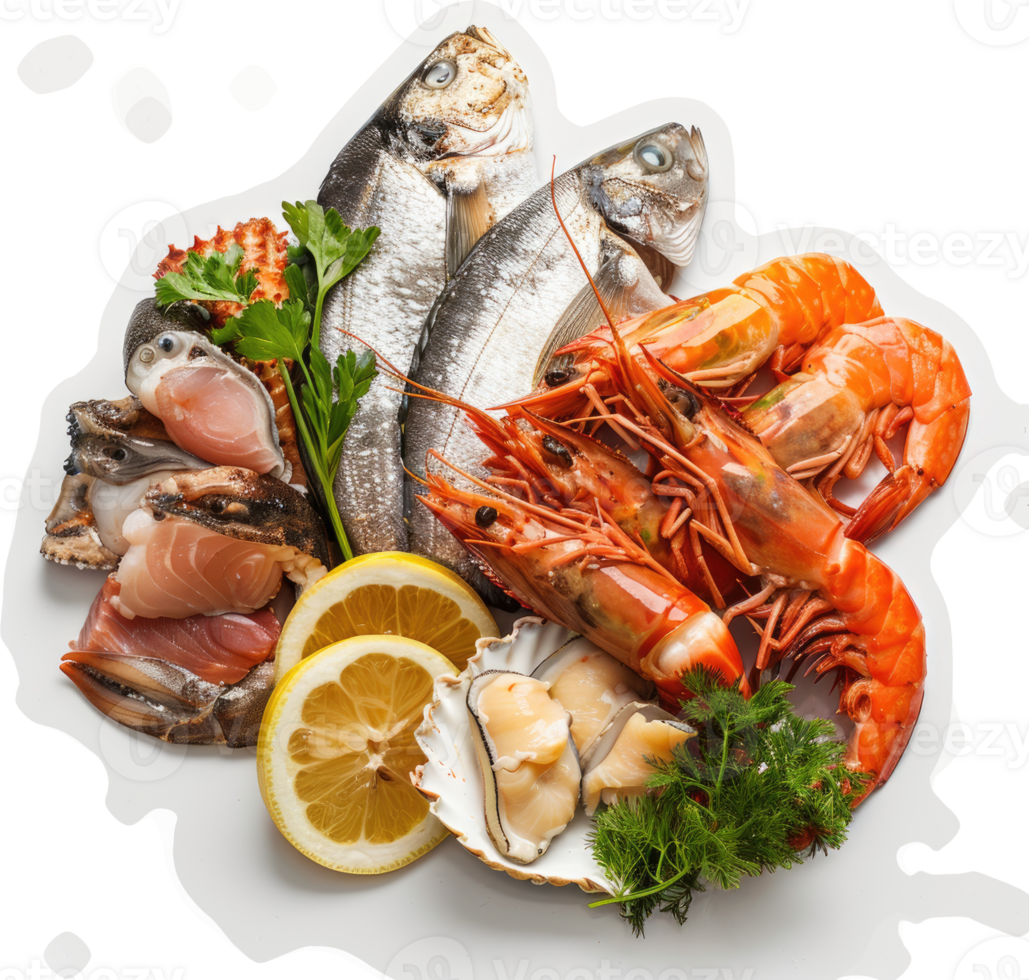 A platter of fresh seafood, featuring various types of fish, shrimp, and shellfish. png