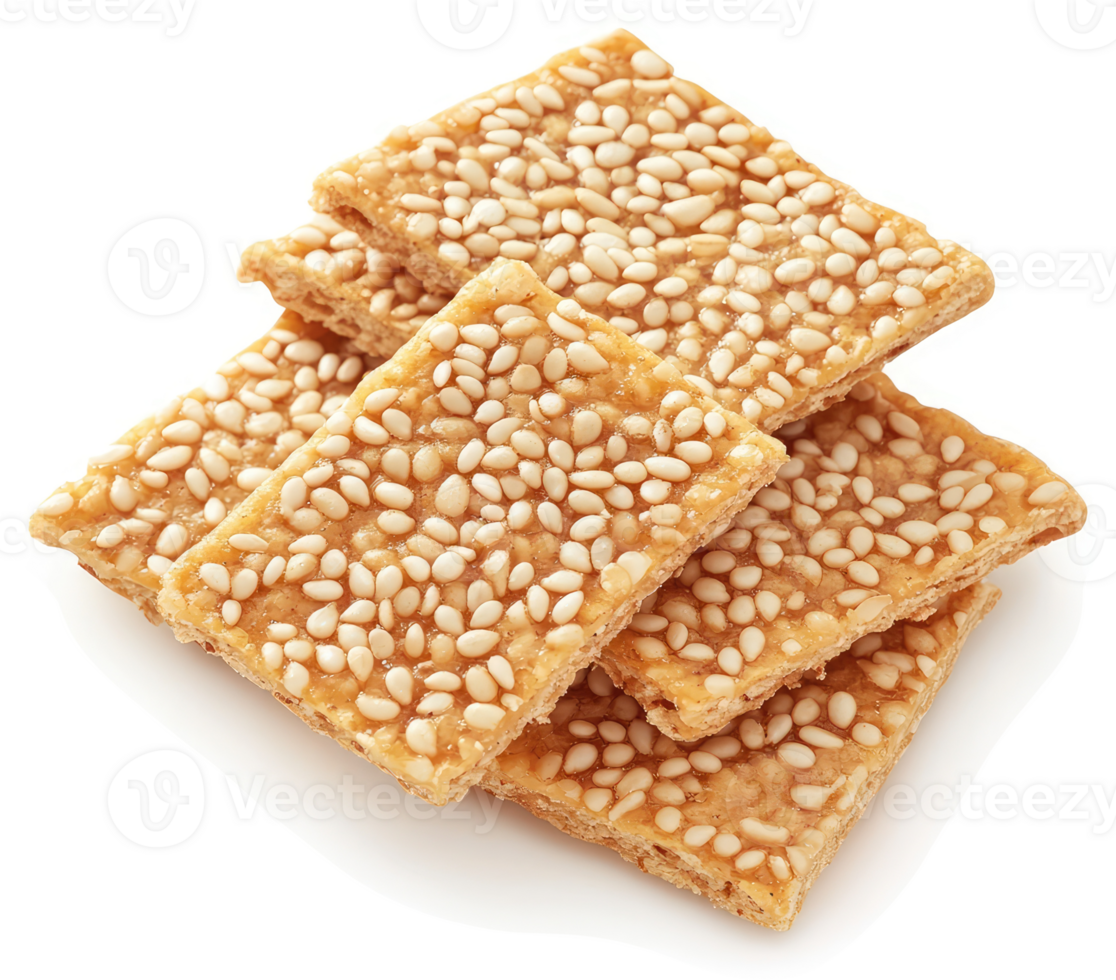 A stack of sesame seed-studded, golden-brown, crispy squares. png
