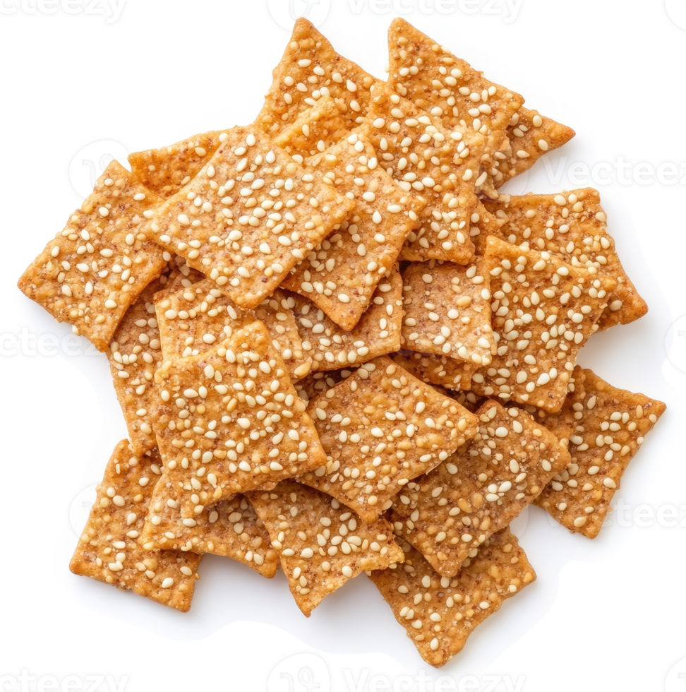 A pile of sesame seed-topped crackers. png