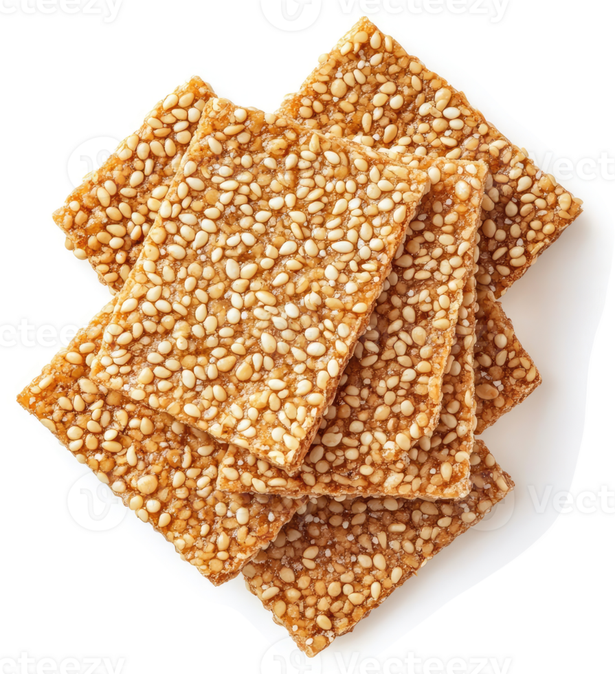A stack of sesame seed-covered, rectangular, sweet treats. png