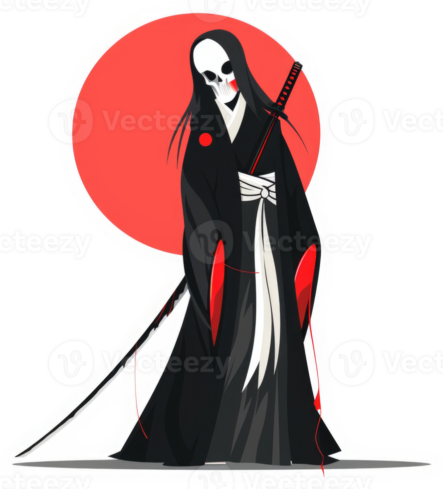 A spectral samurai with a skull mask, katana, and red accents. png