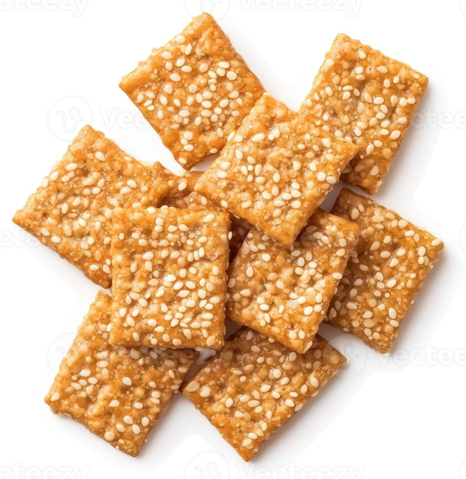 Sesame-studded crackers piled high, a delightful snack. png
