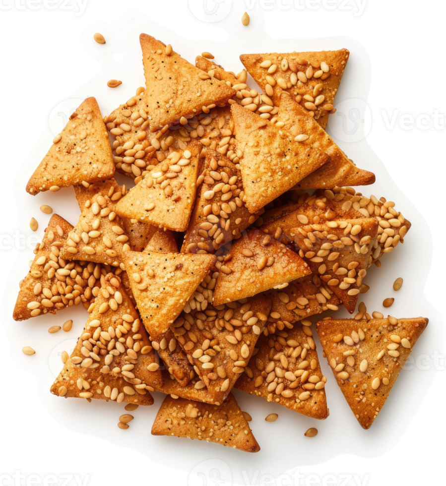 A pile of triangular sesame-studded crackers. png