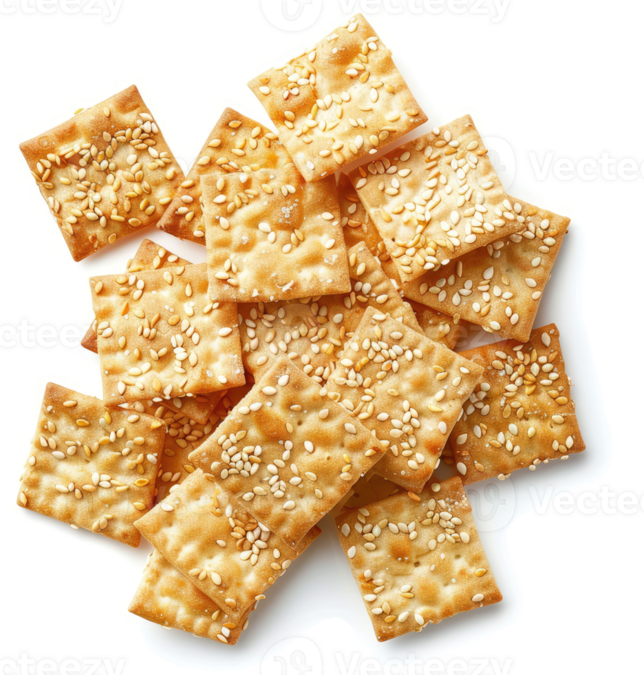 A pile of sesame seed crackers on a white background. png
