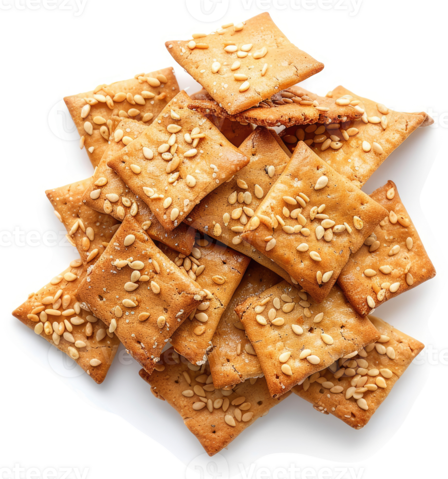 A pile of sesame seed crackers on a white surface. png