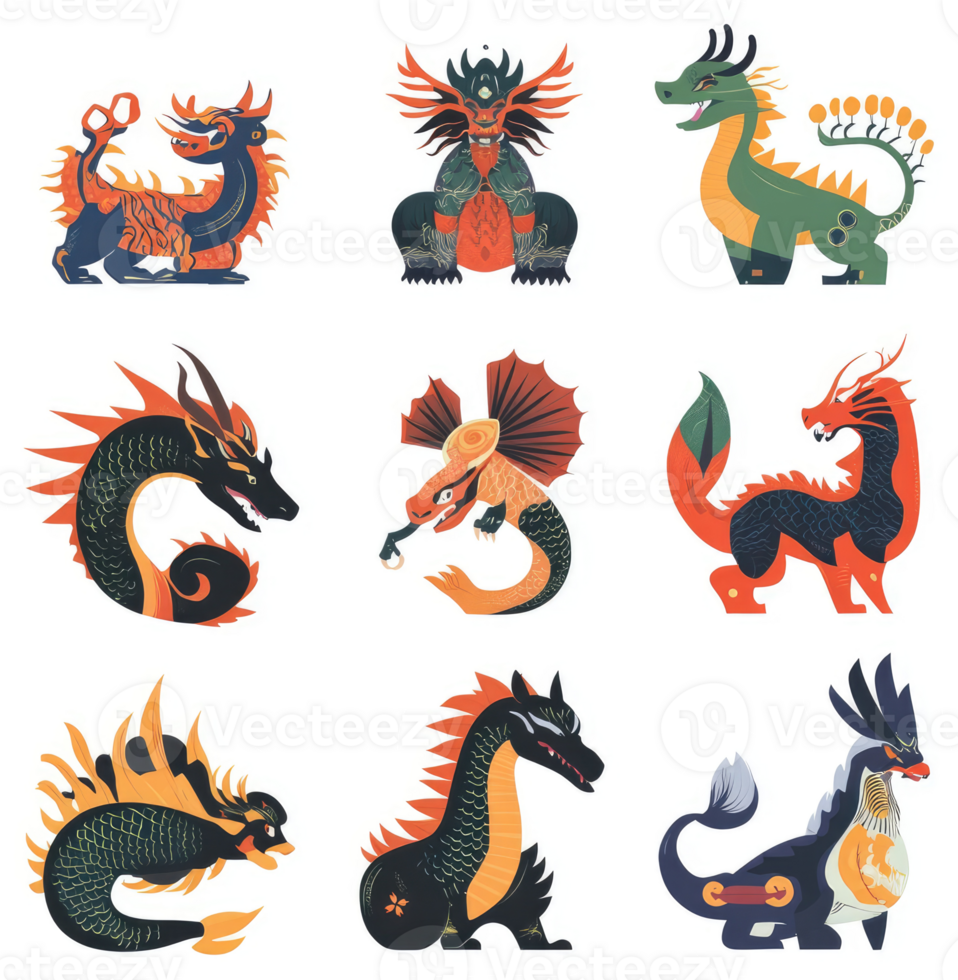 Nine stylized dragons in vibrant colors and patterns. png