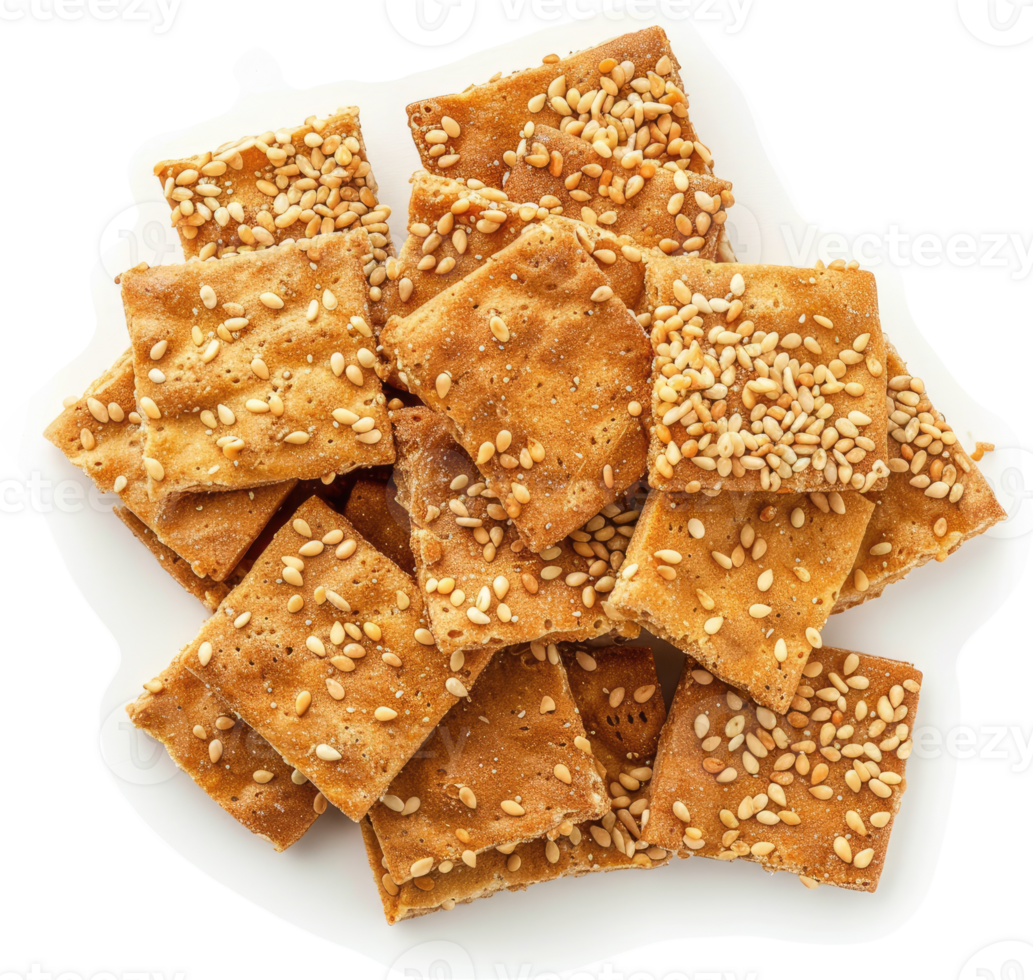 A pile of sesame seed crackers on a white plate. png