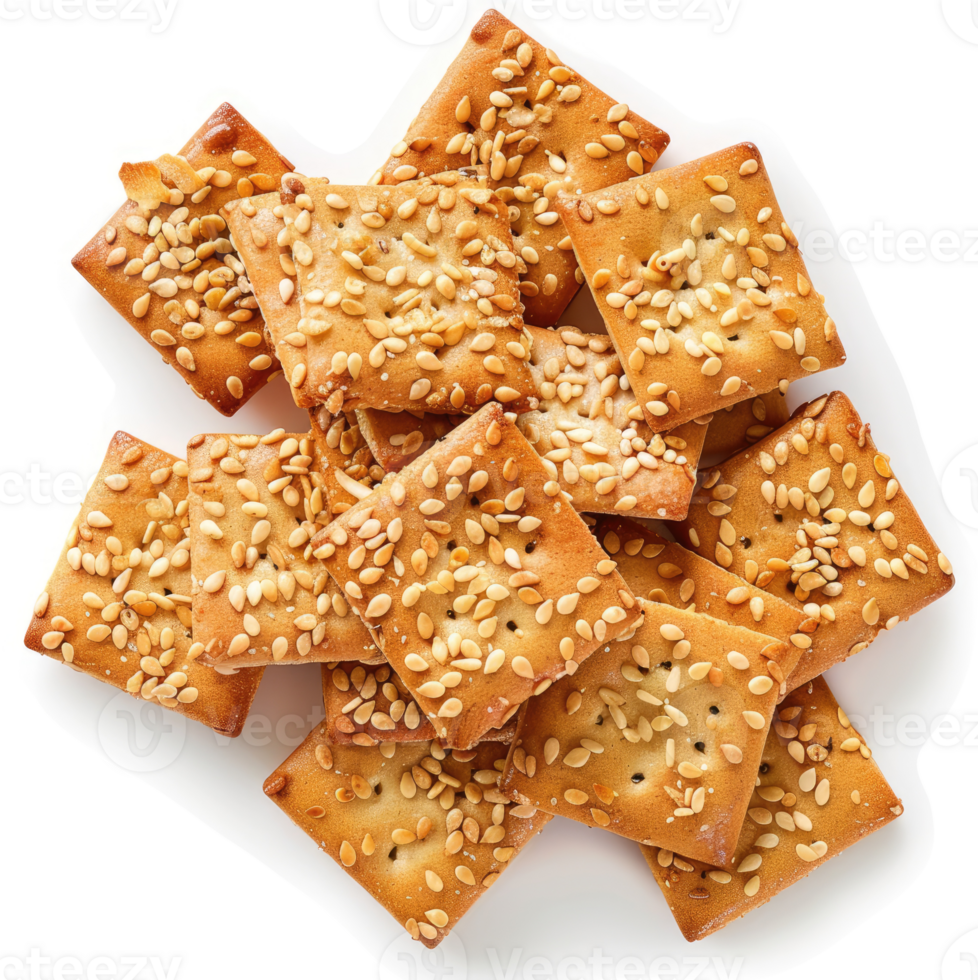 A pile of sesame seed crackers, golden brown and crispy. png