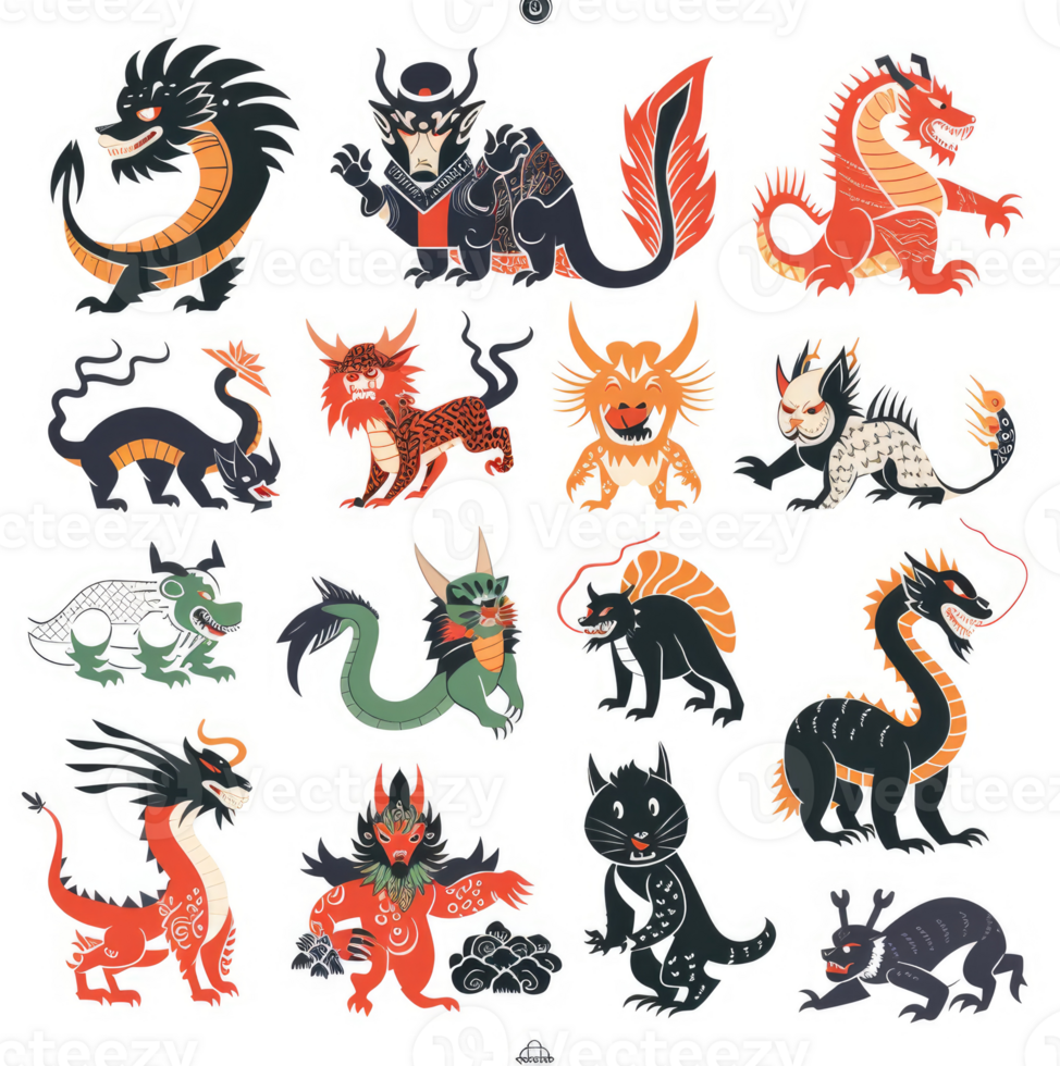 A collection of stylized mythical creatures from Asian folklore. png