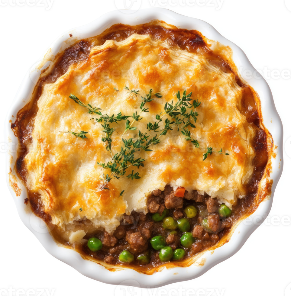 A golden-brown, savory shepherd's pie, topped with fresh thyme. png