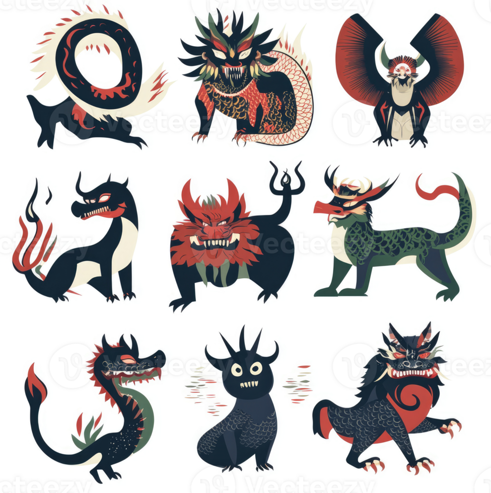 Nine mythical creatures from asian folklore. png