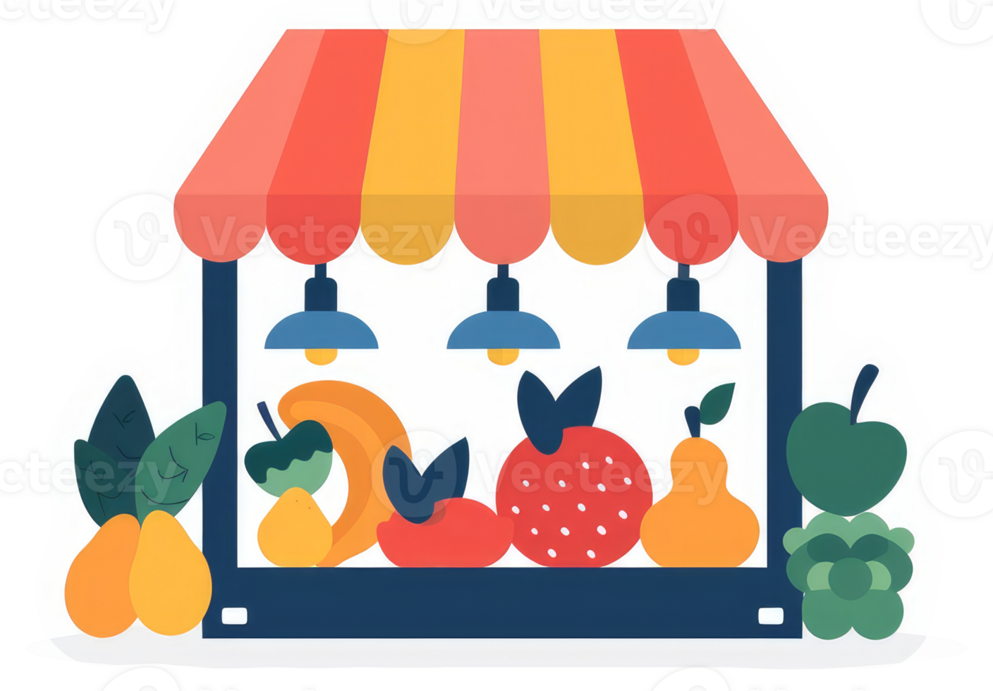 A colorful fruit stand with a striped awning. png