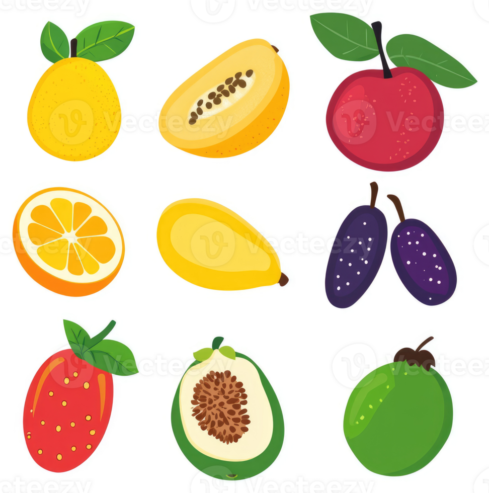 A colorful assortment of fresh fruits, whole and halved. png