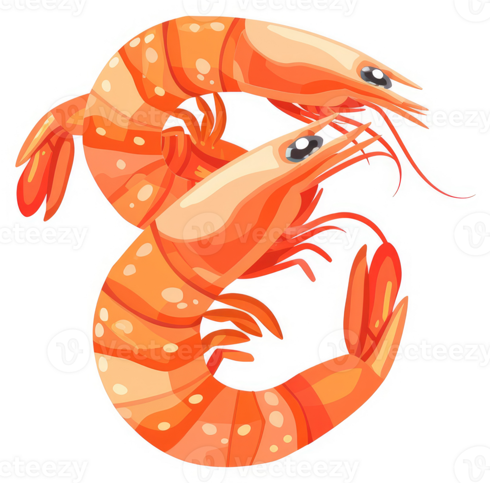 Two vibrant orange shrimp in an artistic design. png