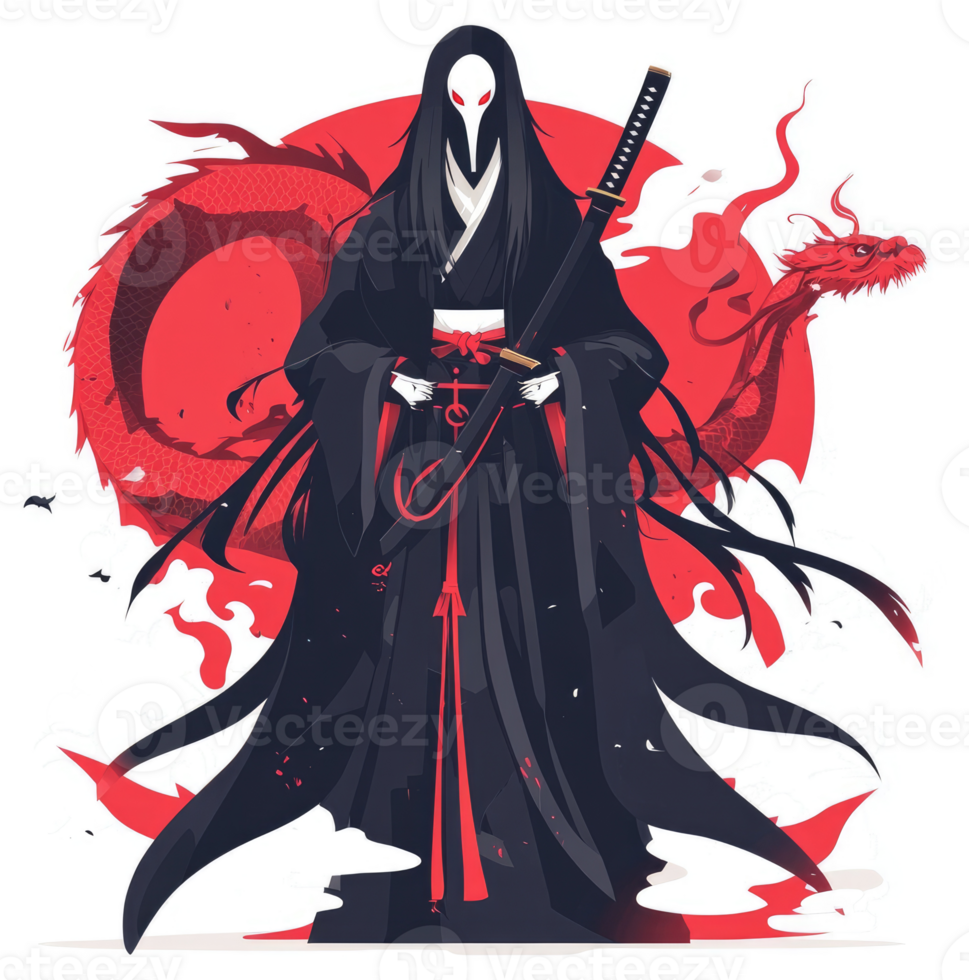A masked warrior in black attire, sword in hand, amidst a fiery red dragon. png