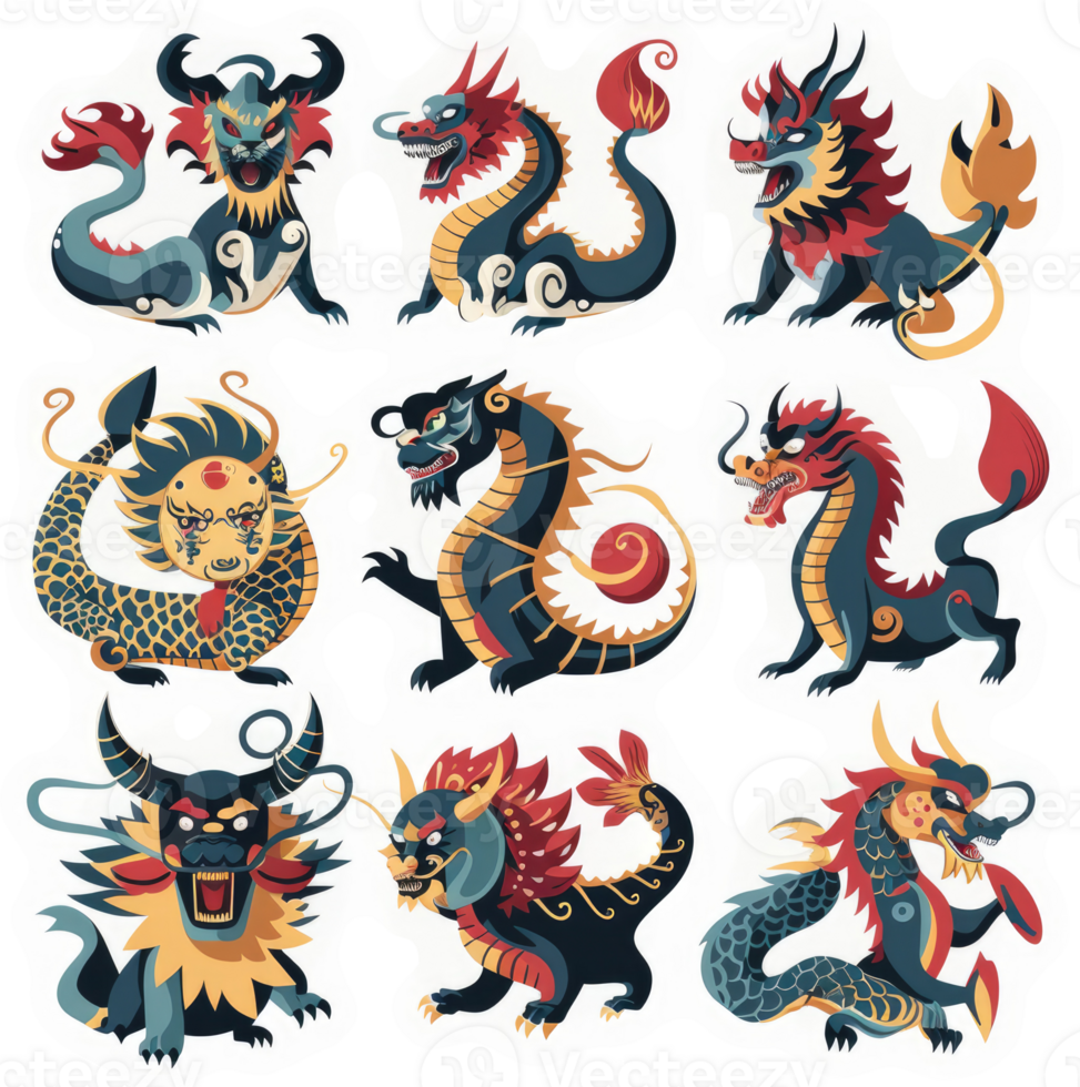 Nine stylized chinese dragon illustrations in a grid pattern. png