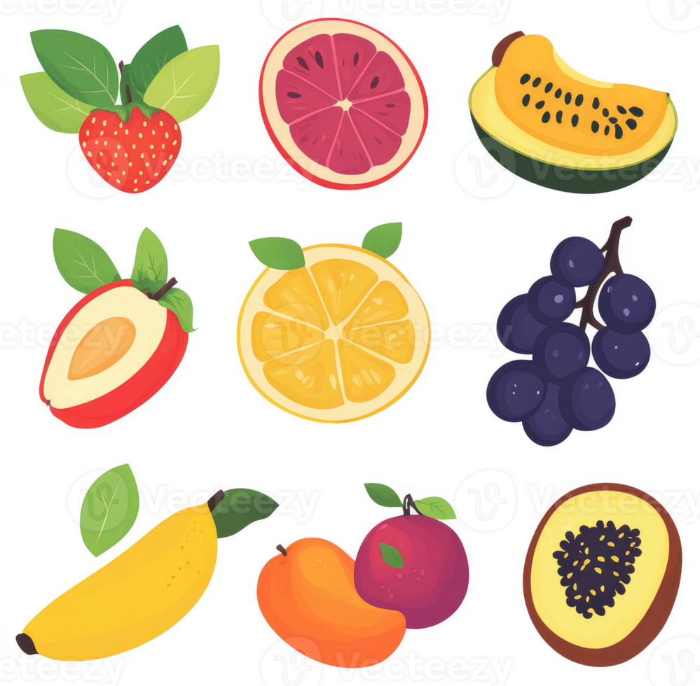 A colorful assortment of various fruits with leaves. png