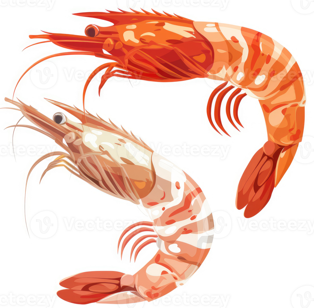Two vibrant shrimp, showcasing a variety of colors and textures. png