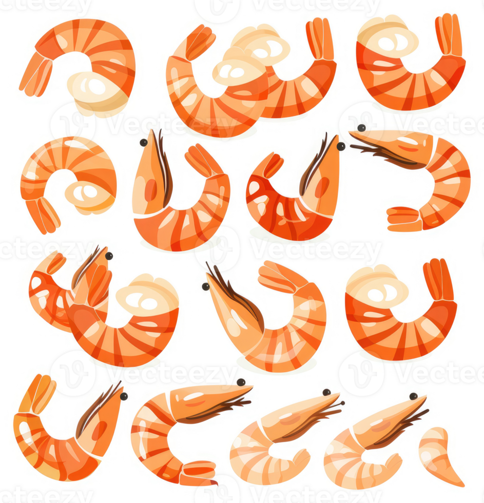Various illustrations of whole and sectioned shrimp. png
