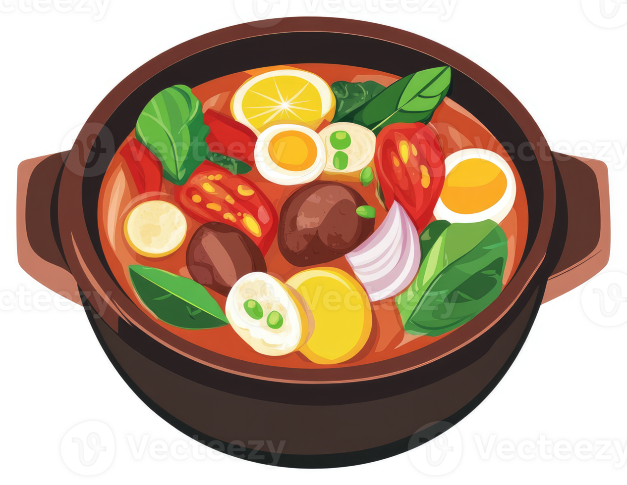 A hearty vegetable and egg stew cooked in a rustic pot. png