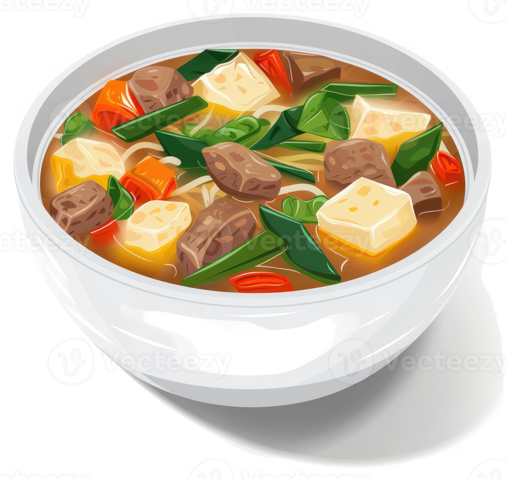 A hearty bowl of beef and tofu soup with noodles and vegetables. png
