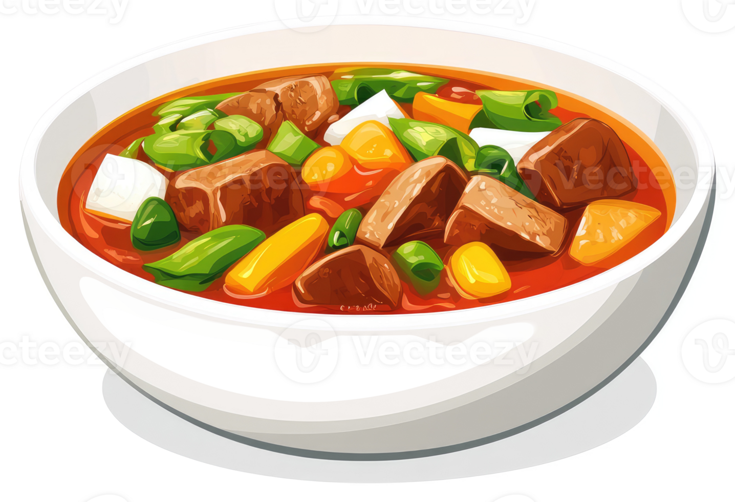 Hearty beef stew with vegetables in a white bowl. png