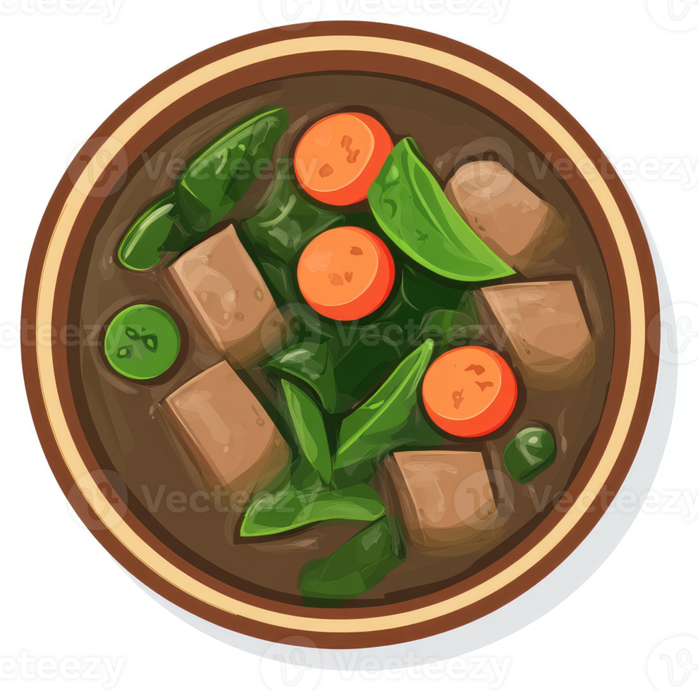A hearty stew with chunks of meat, vegetables, and a rich broth. png