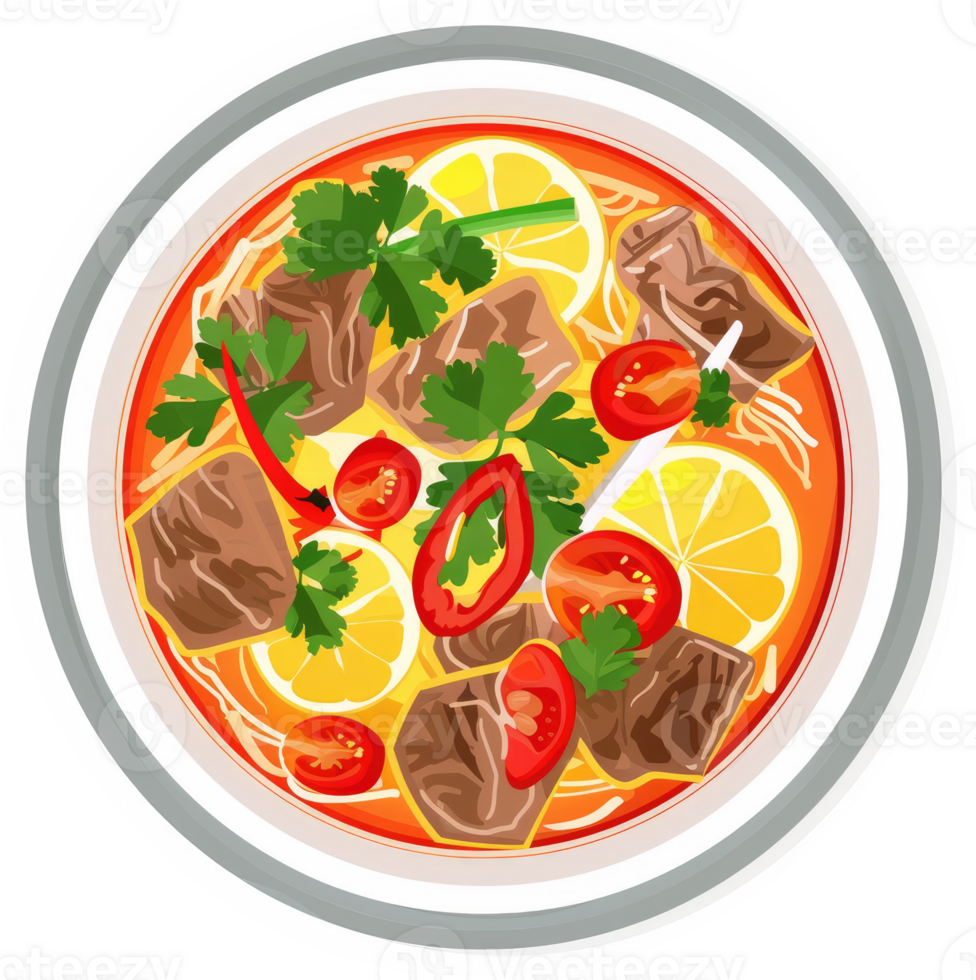 A vibrant bowl of flavorful beef noodle soup, garnished with fresh herbs, tomatoes, and lemon. png