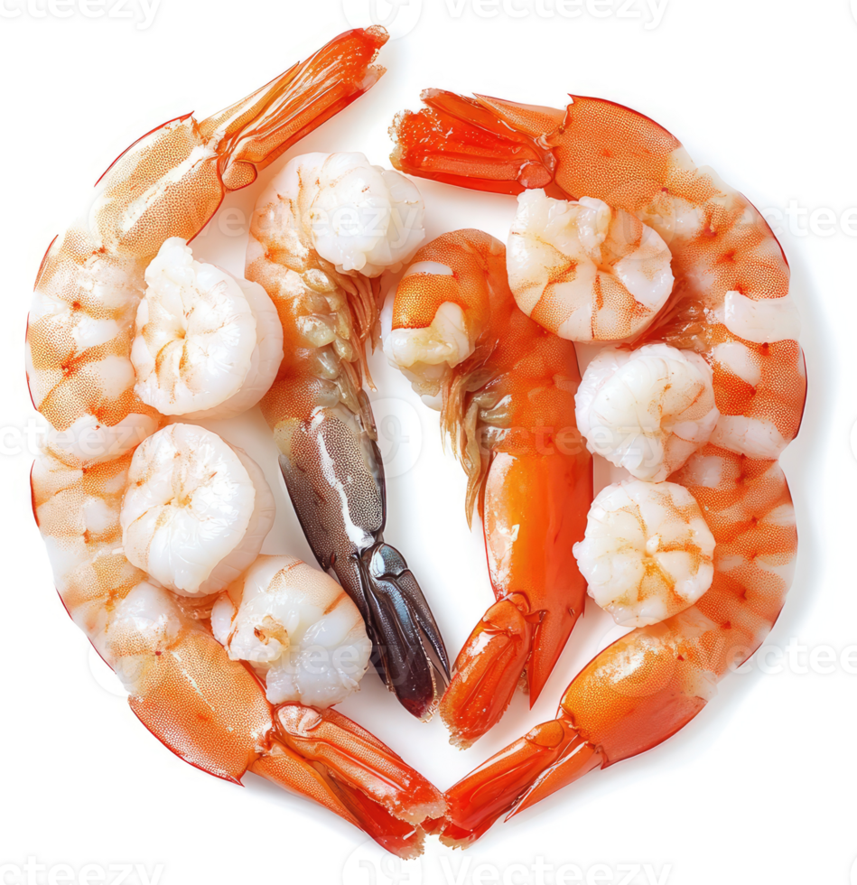 Fresh raw shrimp arranged in a heart shape on a white background. png