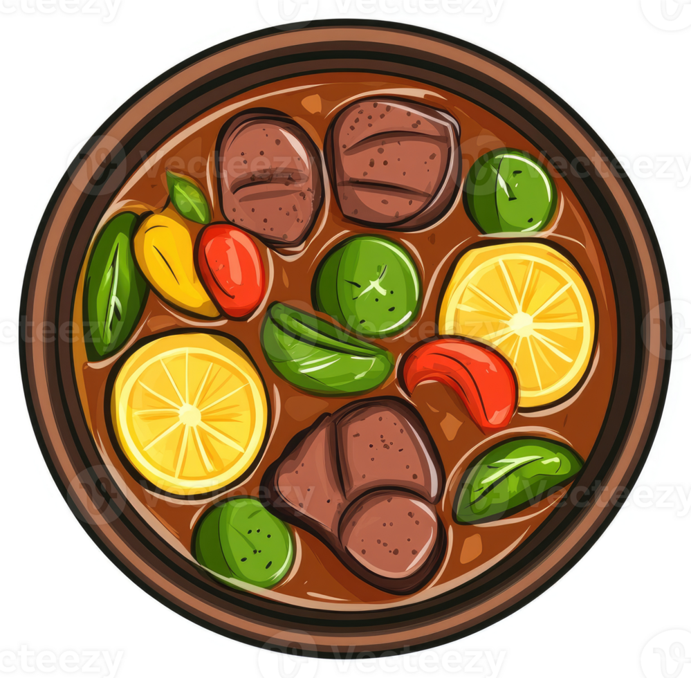 A hearty stew of meat, vegetables, and citrus. png