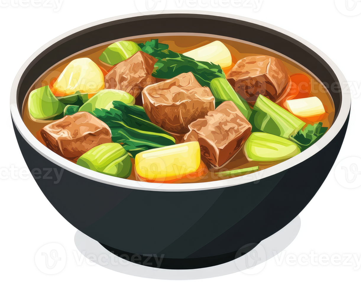 Hearty beef stew with vegetables in a bowl. png