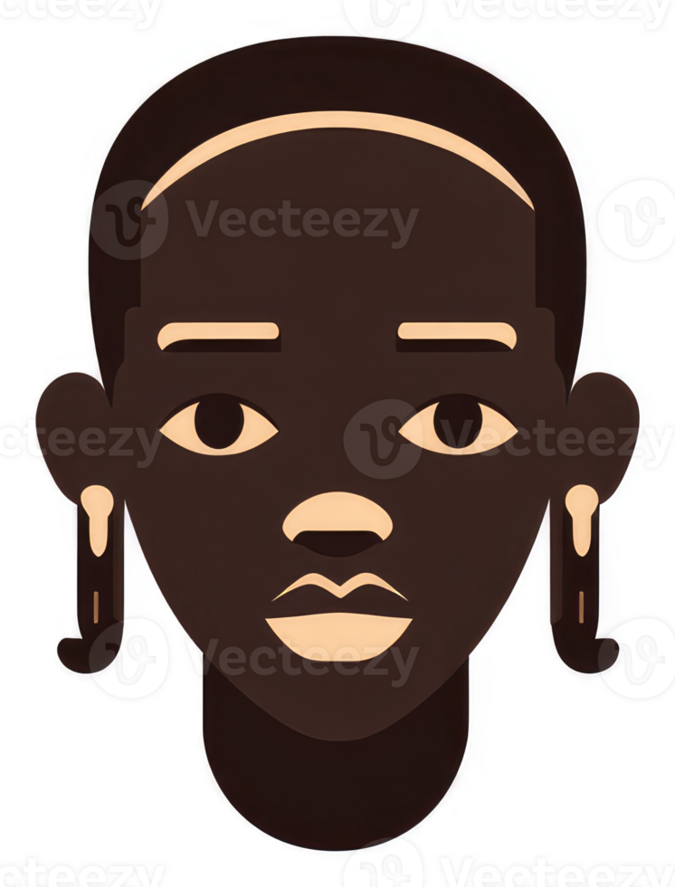 A stylized portrait of a person with dark skin, simple features, and ornate earrings. png