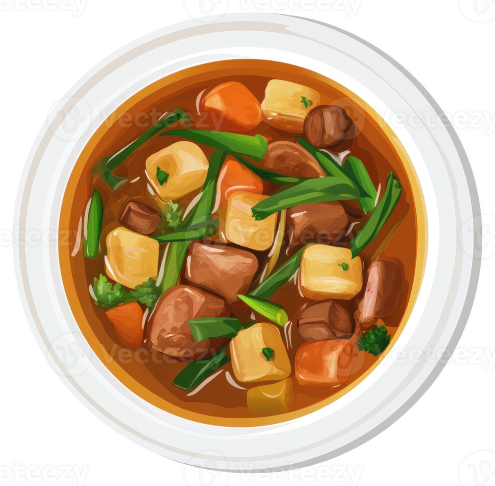 A hearty beef stew with vegetables in a white bowl. png