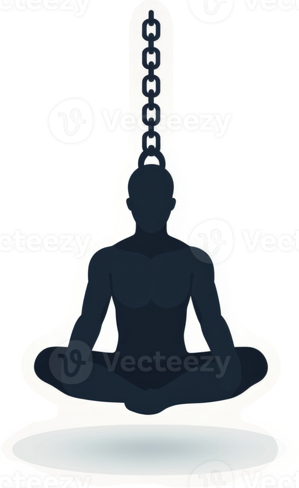 A person in a meditative pose, held captive by a heavy chain. png