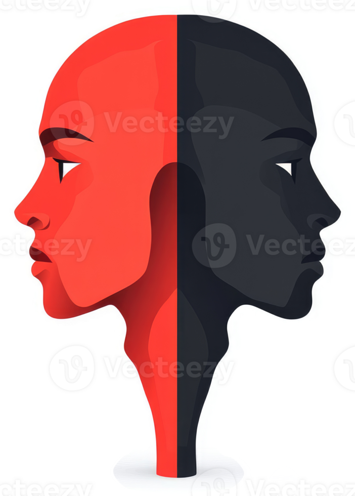 A split portrait of duality, contrasting red and black halves. png