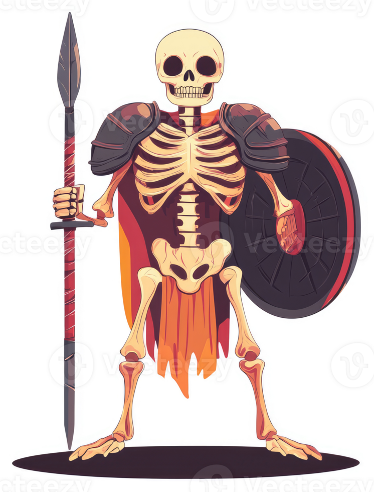 A skeletal warrior stands ready with spear and shield. png