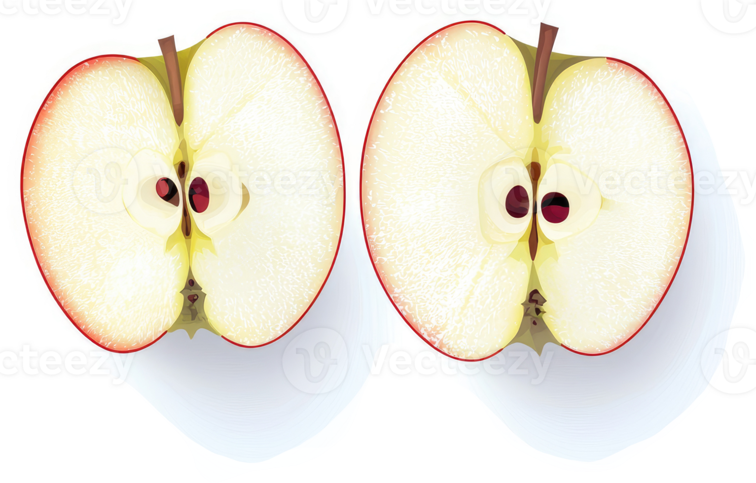 Two halves of a red apple, showcasing the inside. png