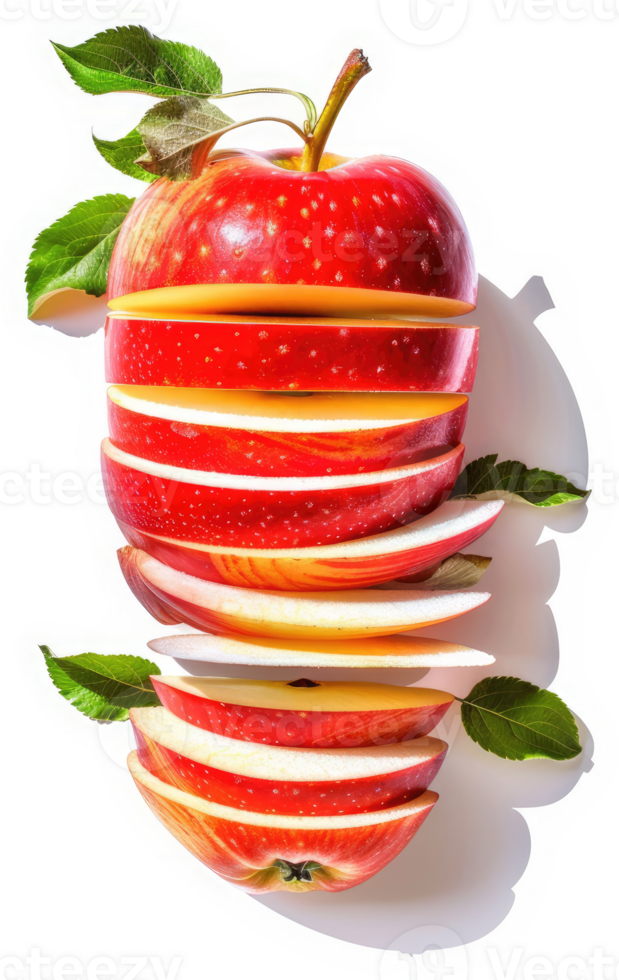 A vibrant, sliced apple, showcasing its red flesh and crisp white interior. png