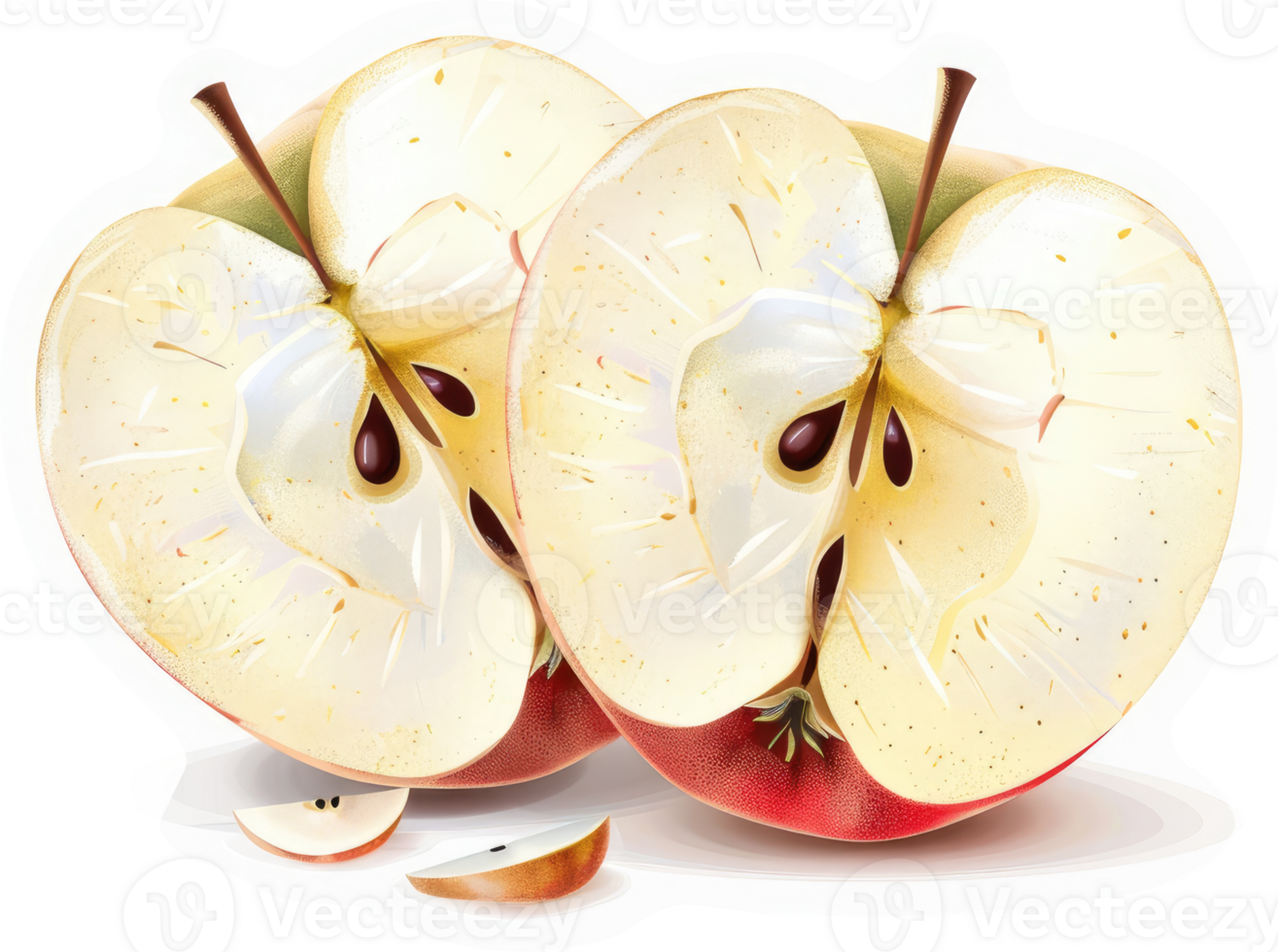 Two halves of a juicy red apple, displaying its core and flesh. png