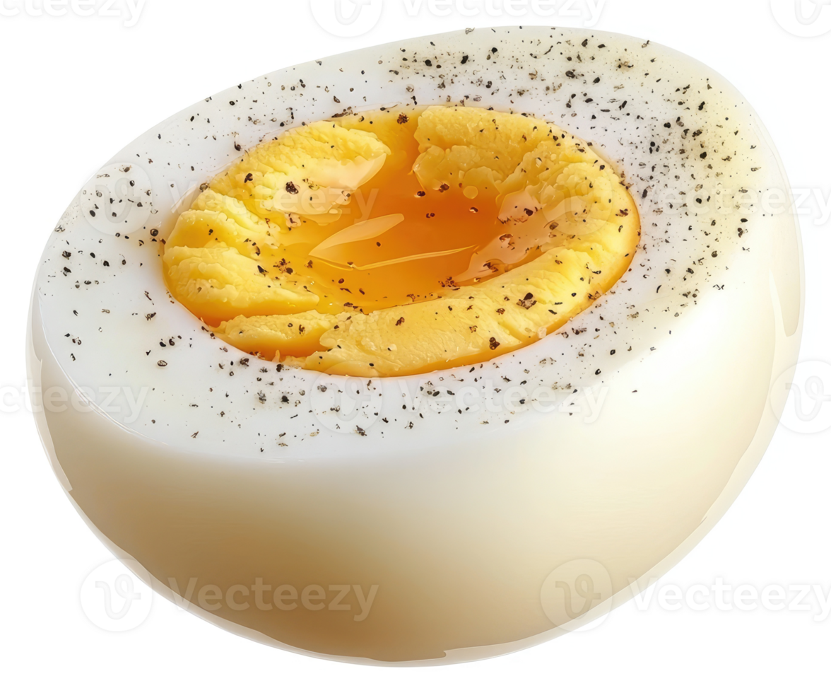 A halved hard-boiled egg with a vibrant yolk and sprinkled pepper. png