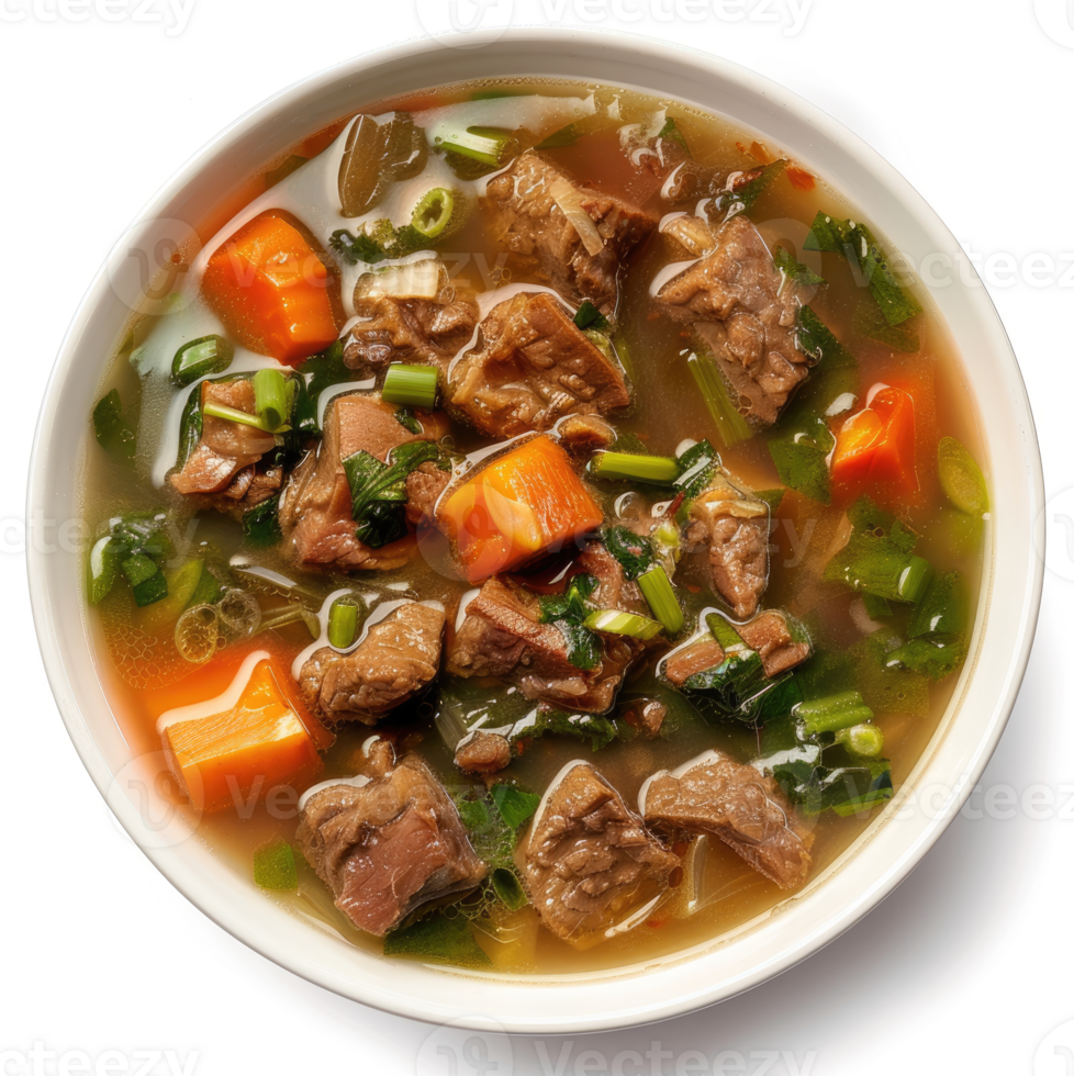 Hearty beef soup with vegetables and herbs. png