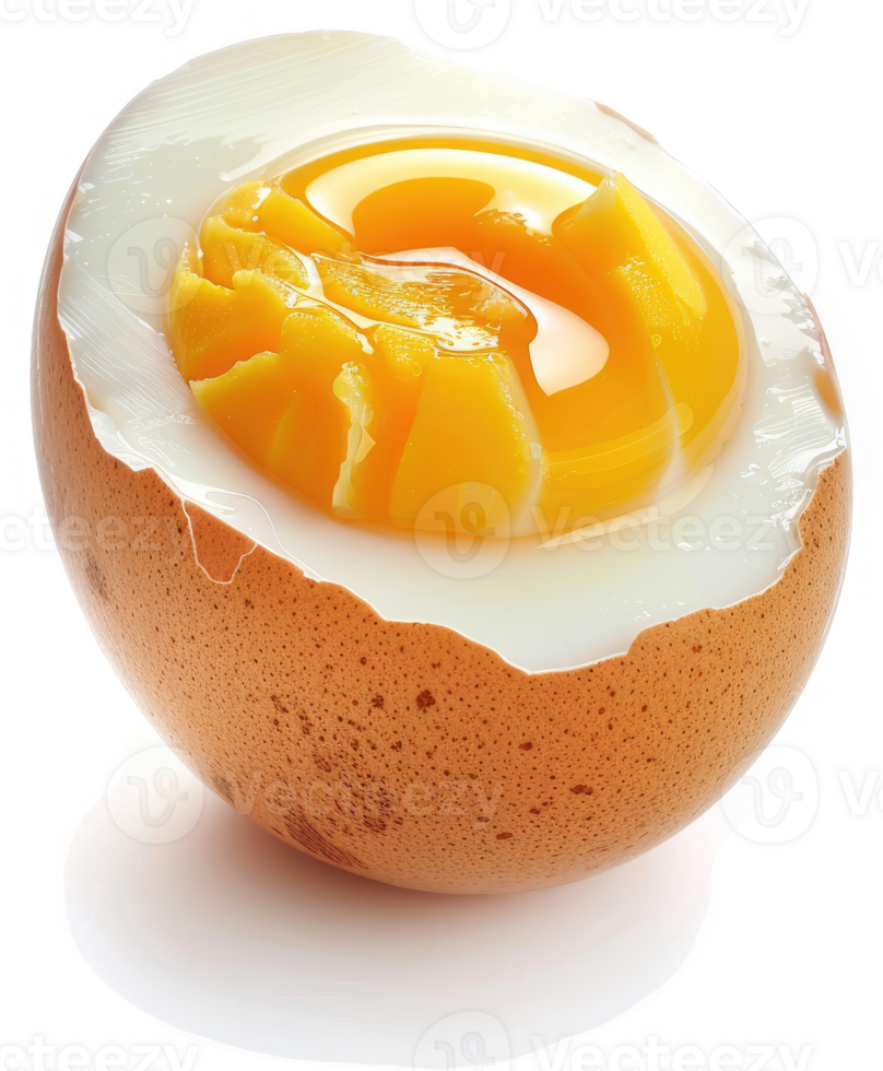A halved boiled egg, showcasing the vibrant yolk within its cracked shell. png