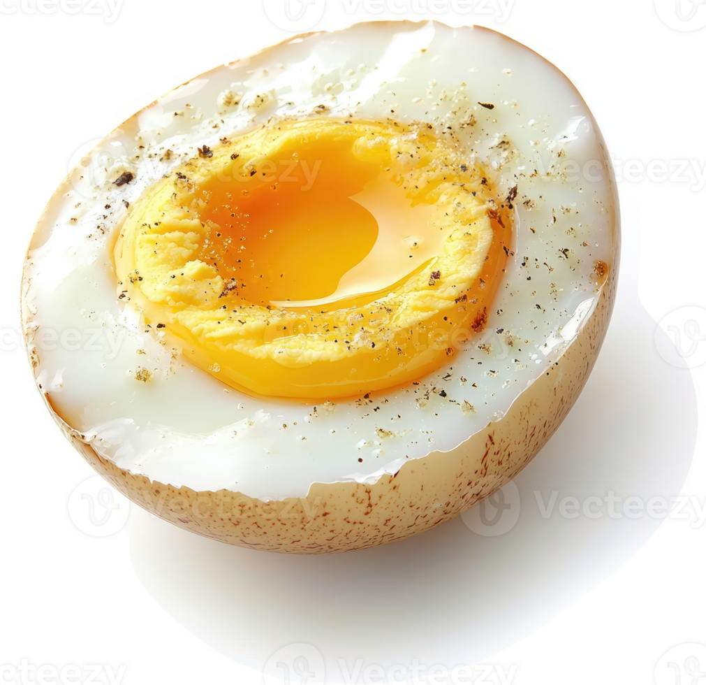 A halved, seasoned, cooked egg with a runny yolk. png