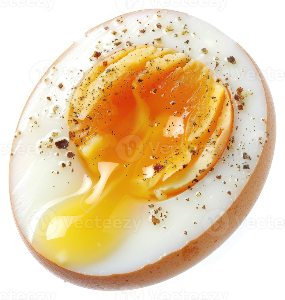 A half-boiled egg, yolk dripping, seasoned with pepper. png