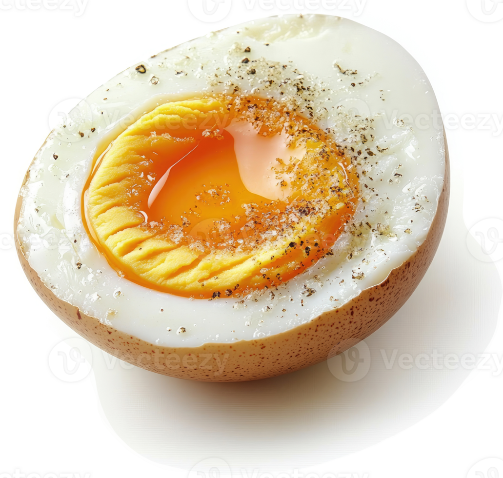 A halved hard-boiled egg with a runny yolk and seasonings. png