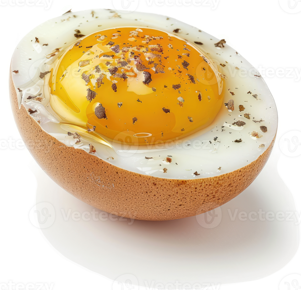 A half-cooked egg with a vibrant yolk and speckled seasoning. png