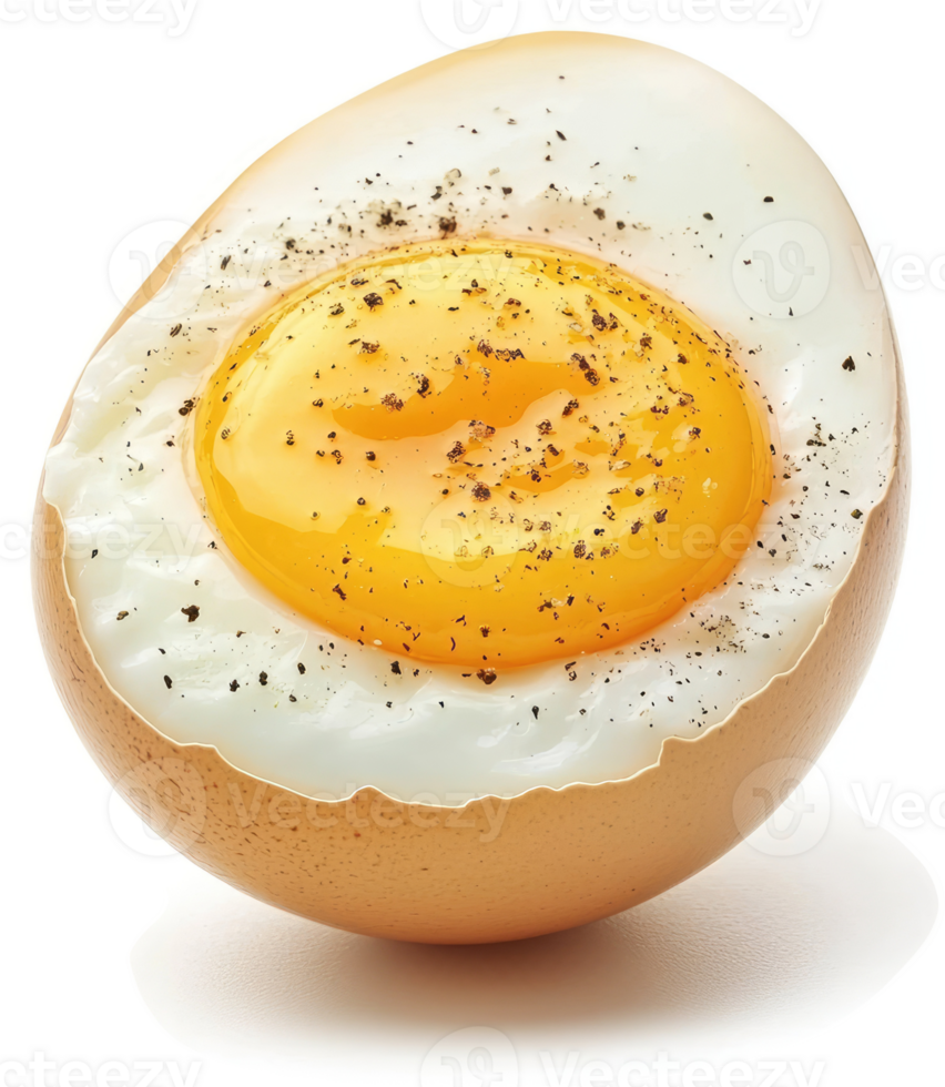 A halved hard-boiled egg with a vibrant yolk and pepper. png